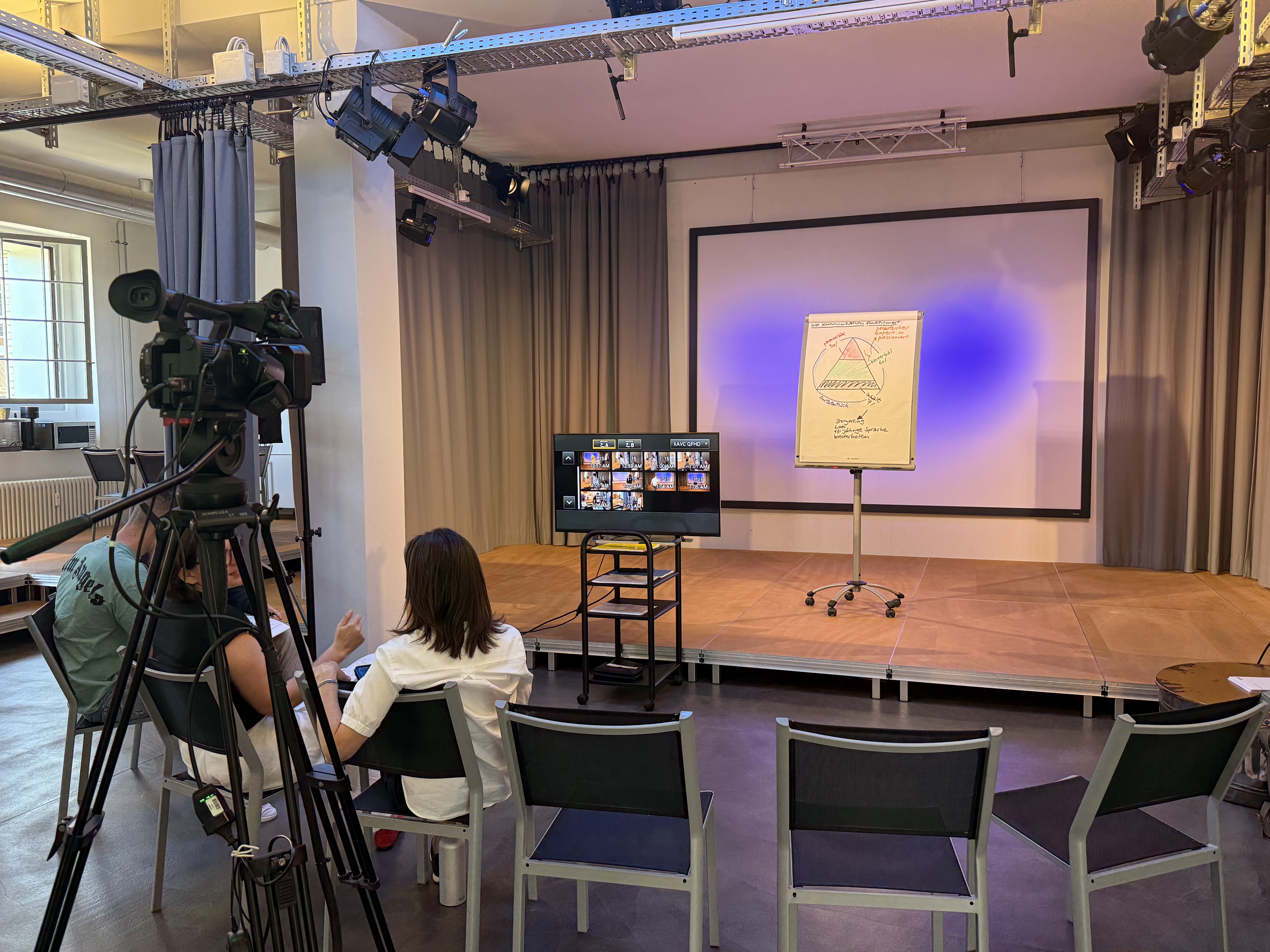 Kund:innen schauen im Speak-Studio in Winterthur ihre Aufnahmen an